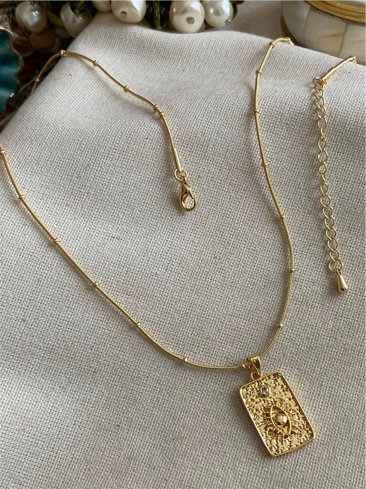 Çelik Mini Dorikalı Taşlı Evil Eye Plaka Kolye
