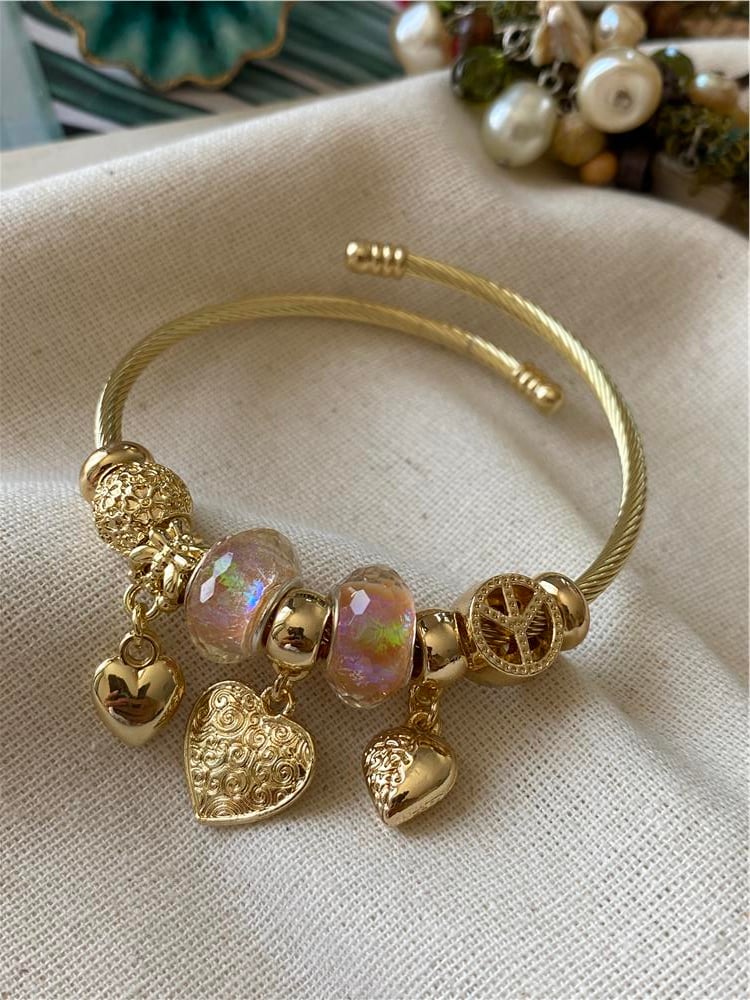 Çelik Parlak Taşlı Kalp Charm Bileklik