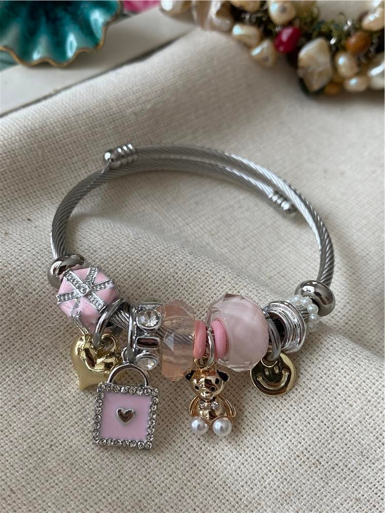 Çelik Pembe Ayıcık Charm Bileklik