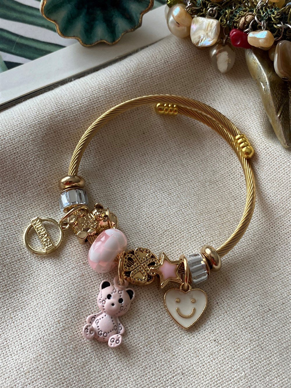 Çelik Pembe Ayıcık Charm Bileklik