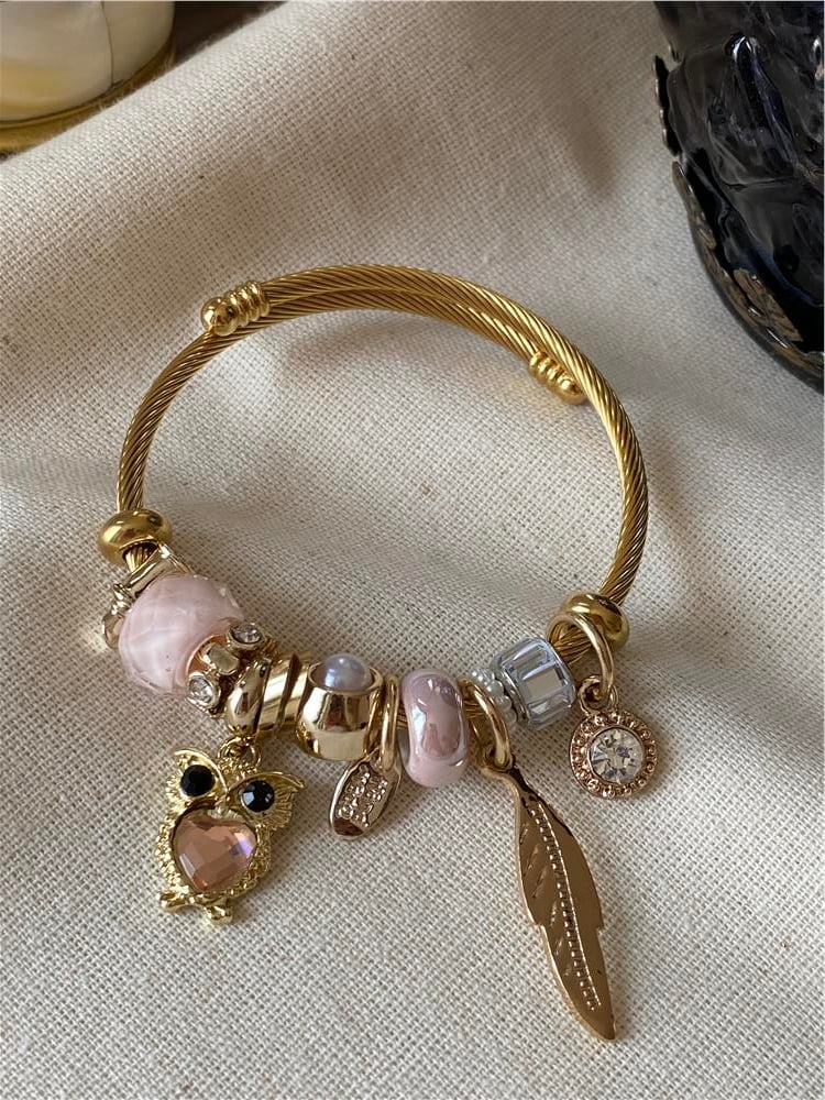 Çelik Pembe Baykuş Charmlı Bileklik