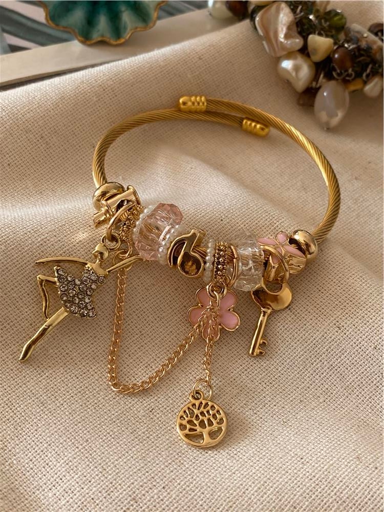 Çelik Pembe Çiçek Balerin Charm Bileklik