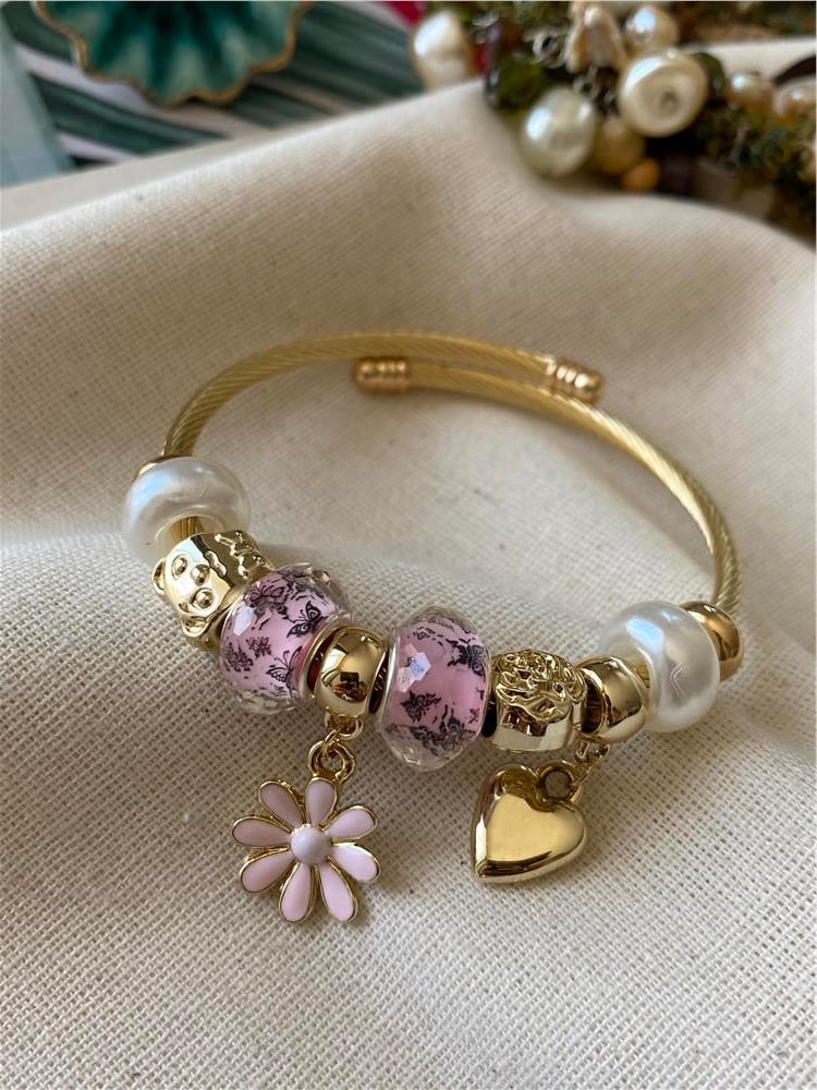 Çelik Pembe Çiçek Charm Bileklik