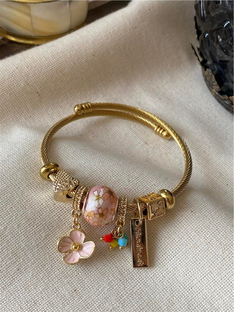 Çelik Pembe Çiçek Charmlı Bileklik