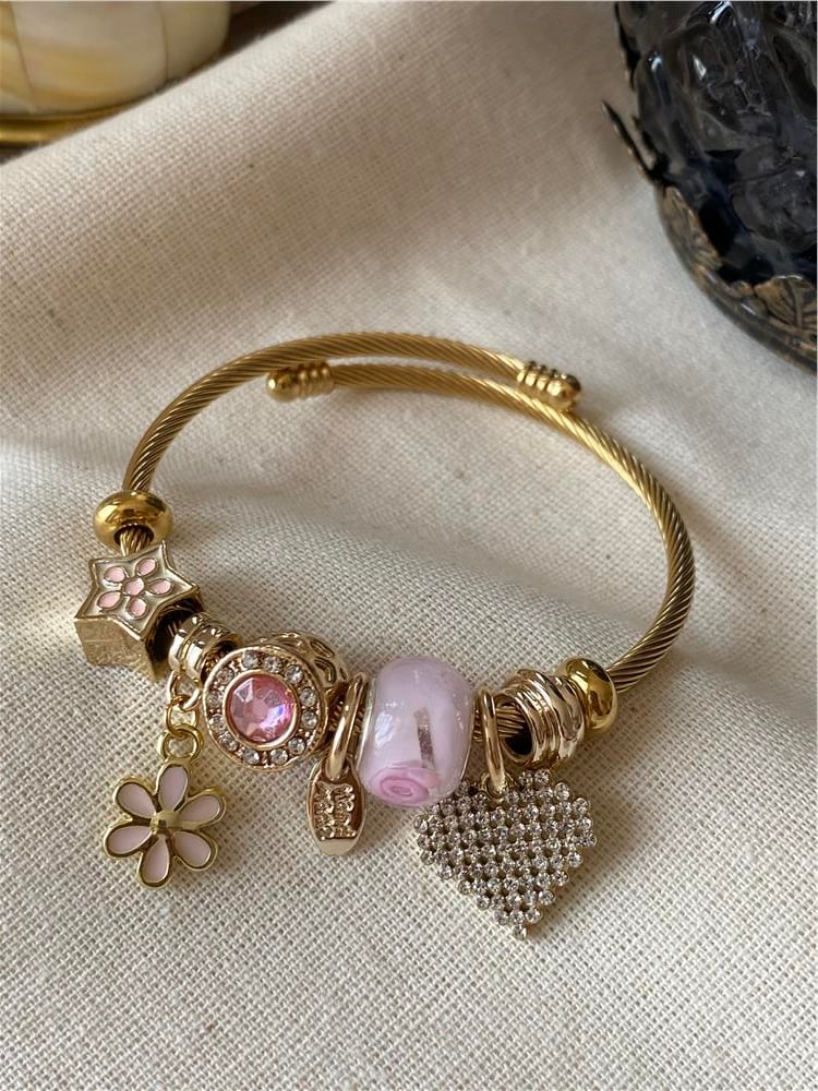 Çelik Pembe Çiçek Kalp Charmlı Bileklik