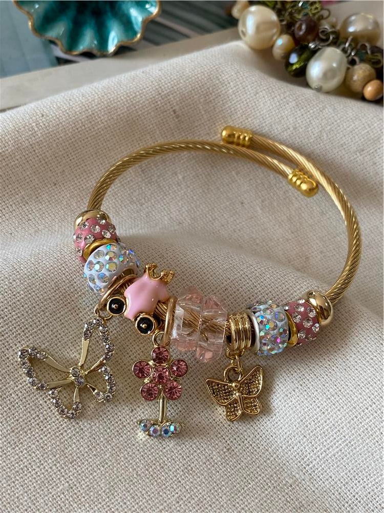 Çelik Pembe Çiçek Kelebek Charm Bileklik