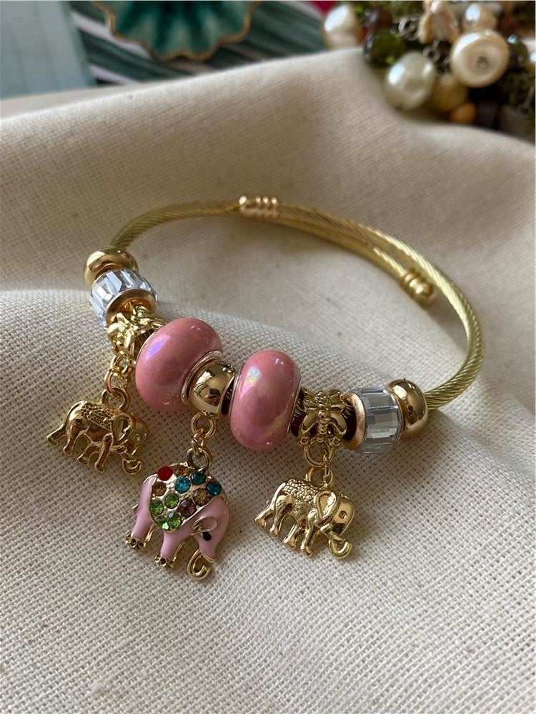 Çelik Pembe Filler Charm Bileklik