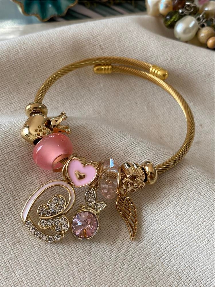 Çelik Pembe Kalp Kanat Charm Bileklik