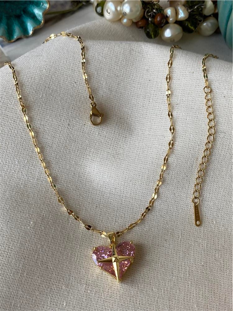 Çelik Pembe Kalp Kolye