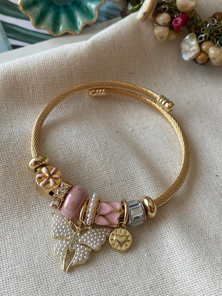 Çelik Pembe Kelebek Charm Bileklik