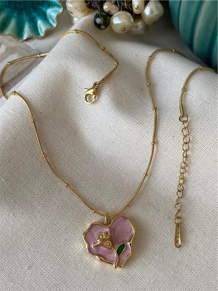 Çelik Pembe Mineli Rose Kolye