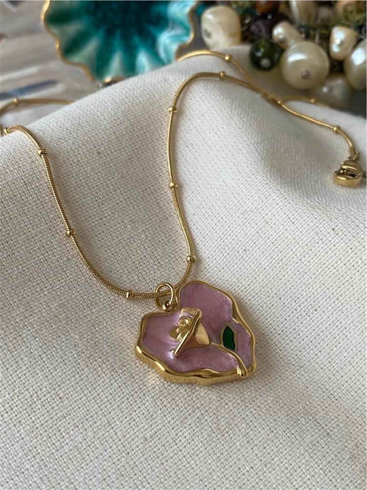 Çelik Pembe Mineli Rose Kolye
