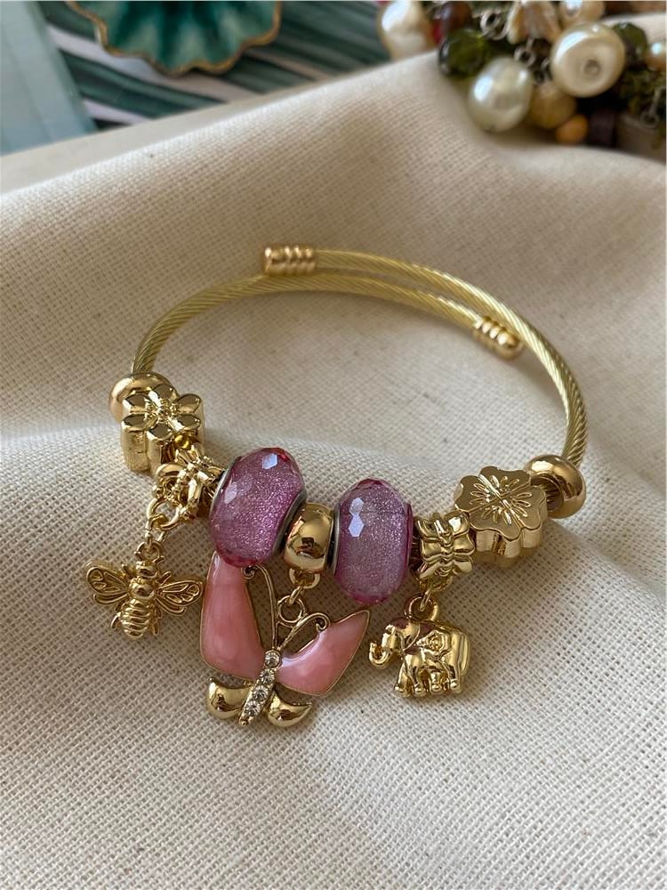 Çelik Pembe Taşlı Büyük Kelebek Charm Bileklik
