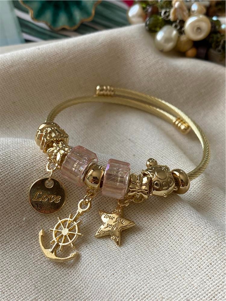 Çelik Pembe Taşlı Çapa Dümen Charm Bileklik