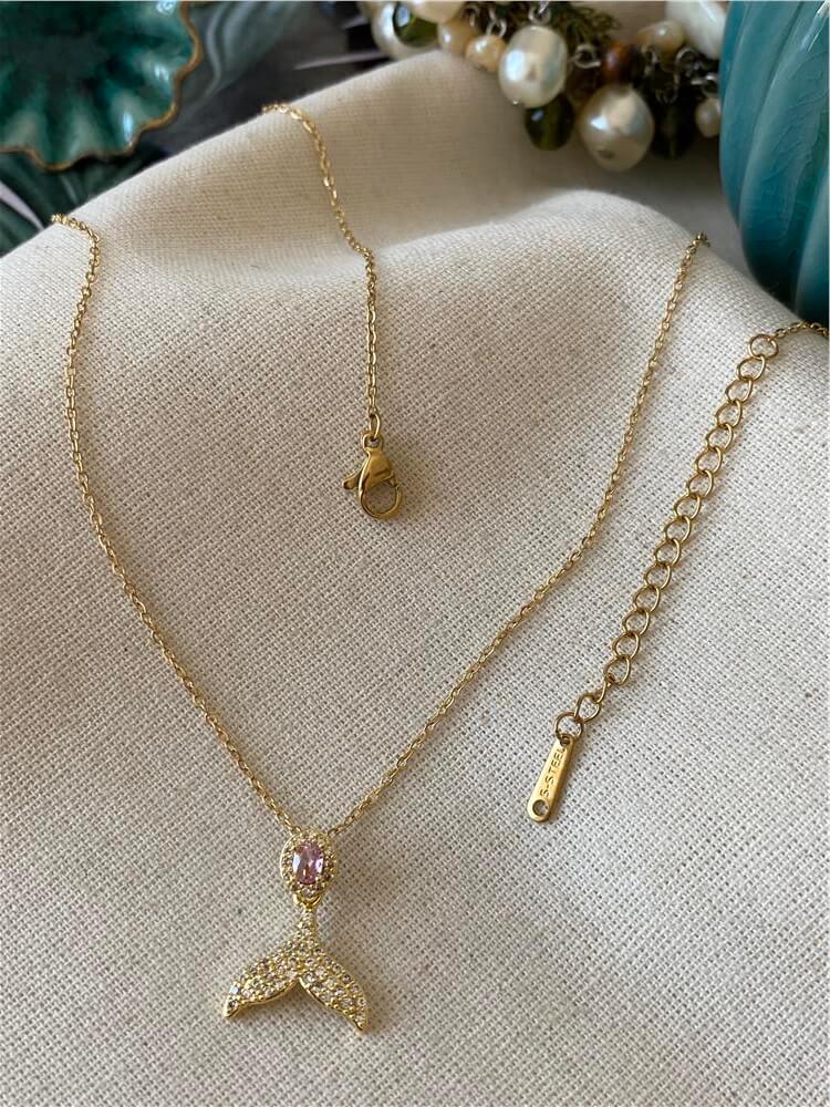 Çelik Pembe Taşlı Gold Tail Kolye