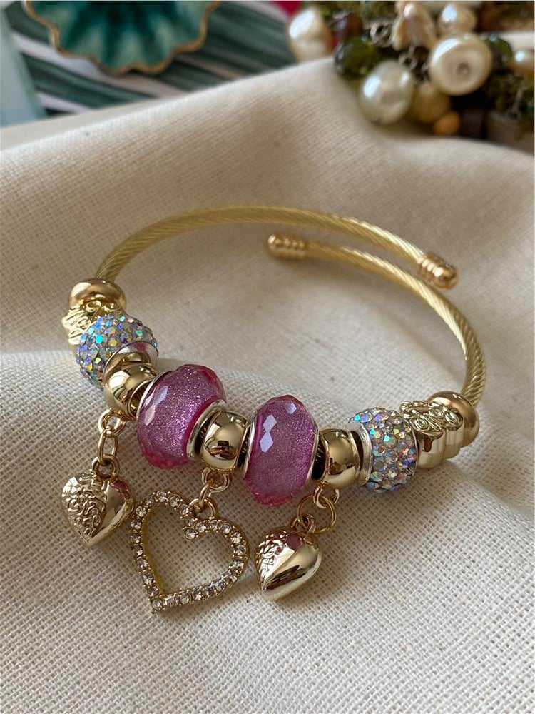 Çelik Pembe Taşlı Kalp Charm Bileklik