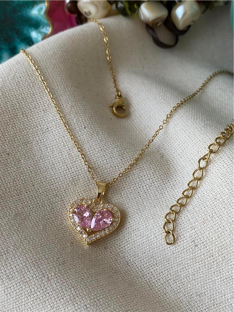 Çelik Pembe Taşlı Kalp Kolye