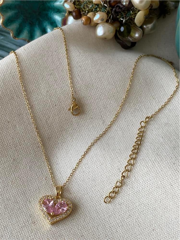 Çelik Pembe Taşlı Kalp Kolye