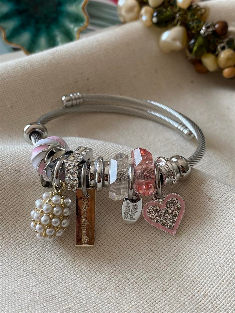 Çelik Pink Pearl Charm Bileklik