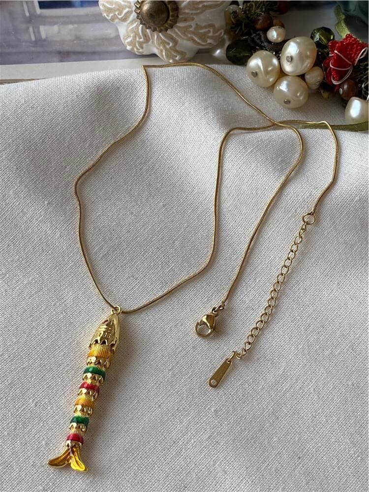 Çelik Renkli Mineli Uzun Balık Kolye