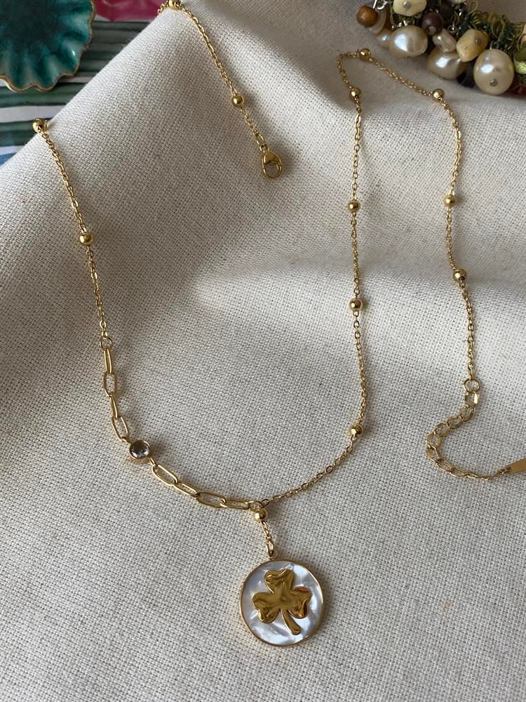 Steel Pearl Clover Necklace