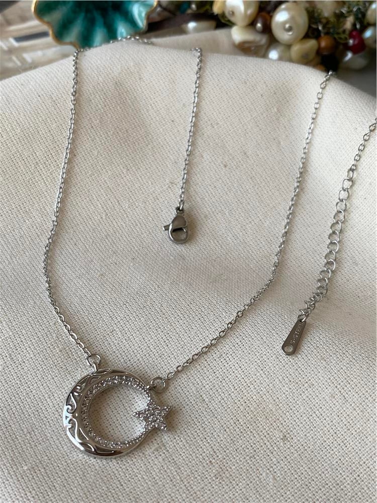Çelik Silver Desenli Ayyıldız Kolye