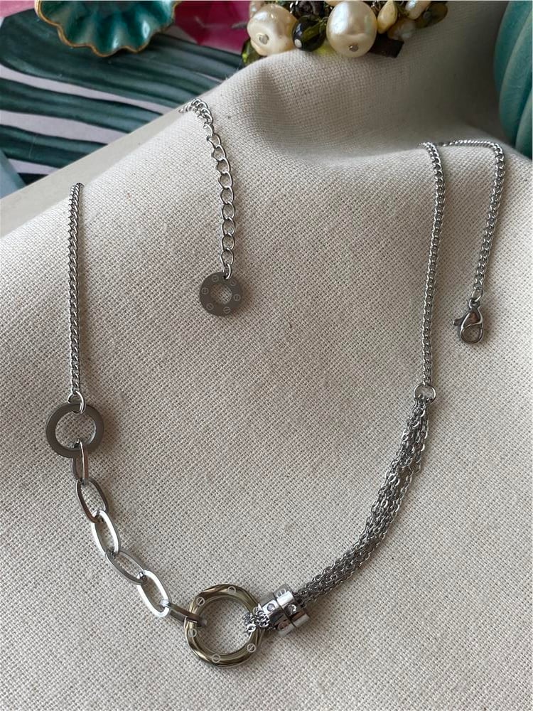 Çelik Silver Mix Zincirli Kolye 