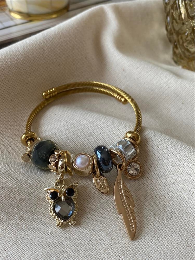 Çelik Siyah Baykuş Charmlı Bileklik