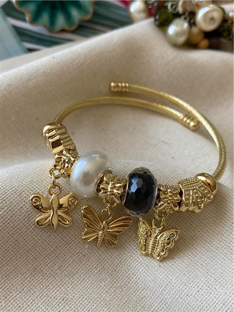 Çelik Siyah Beyaz Kelebekler Charm Bileklik