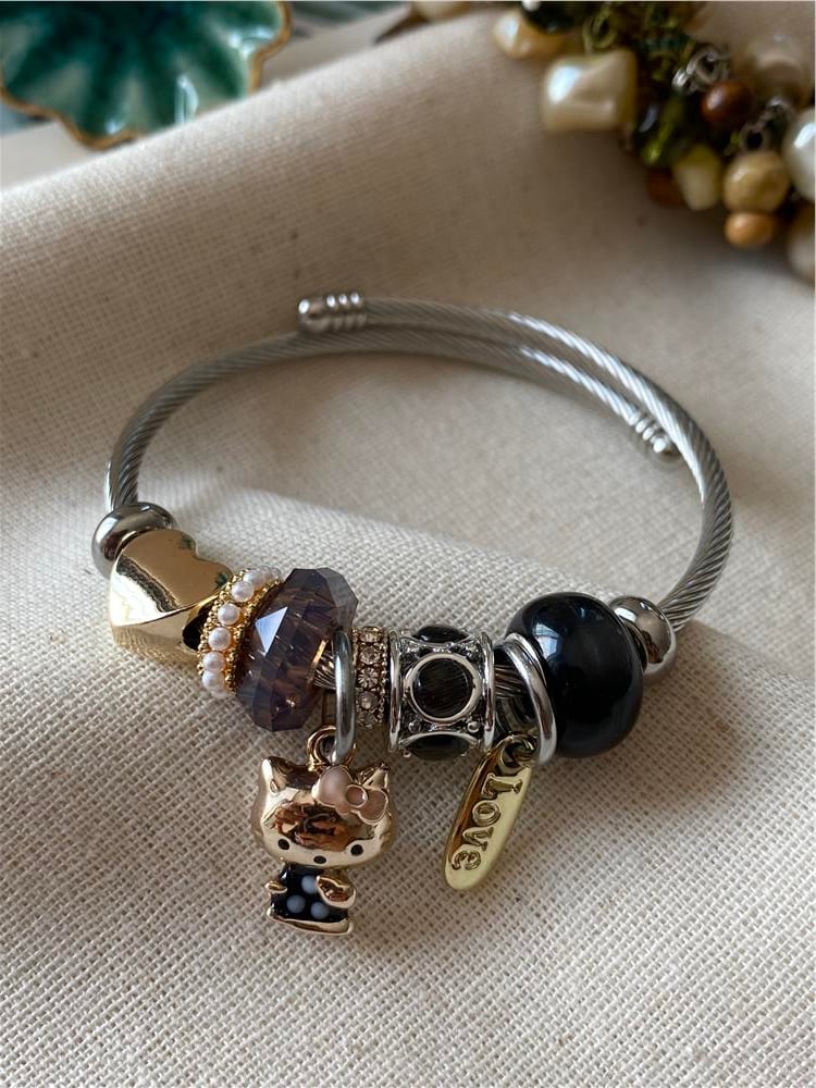 Çelik Siyah Hello Kity Charm Bileklik