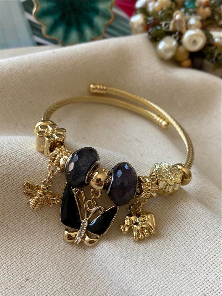 Çelik Siyah Taşlı Büyük Kelebek Charm Bileklik