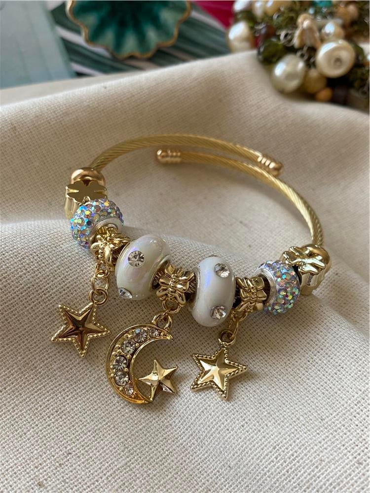 Çelik Taşlı Beyaz Ayyıldız Charm Bileklik