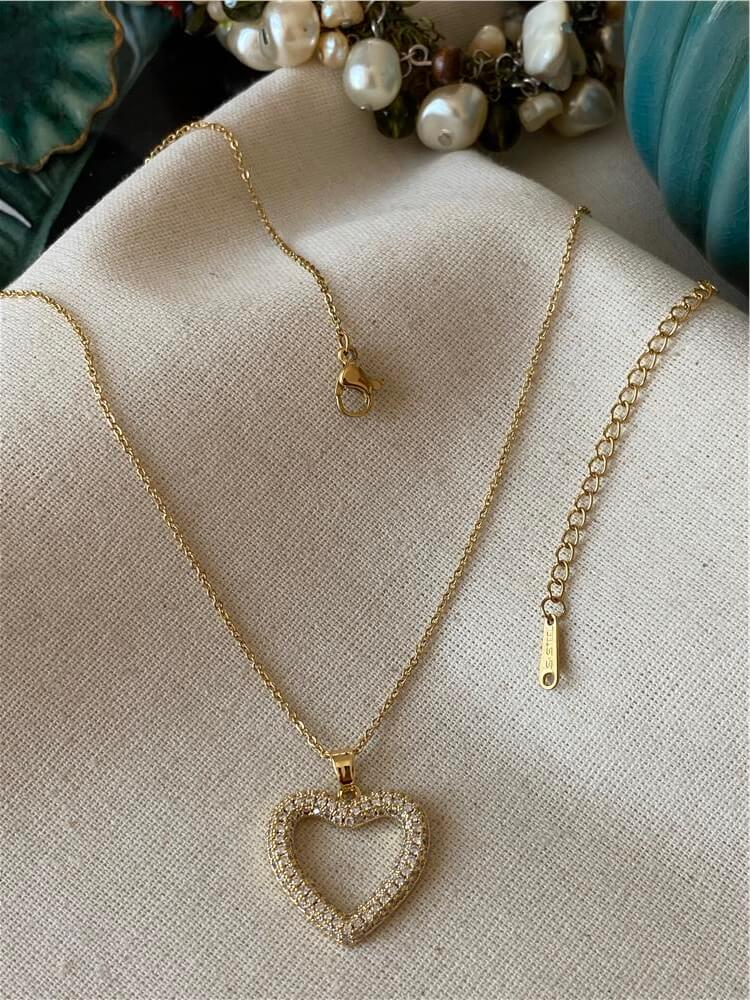 Çelik Taşlı Gold Kalp Kolye