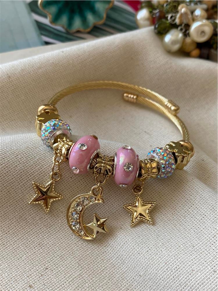 Çelik Taşlı Pembe Ayyıldız Charm Bileklik