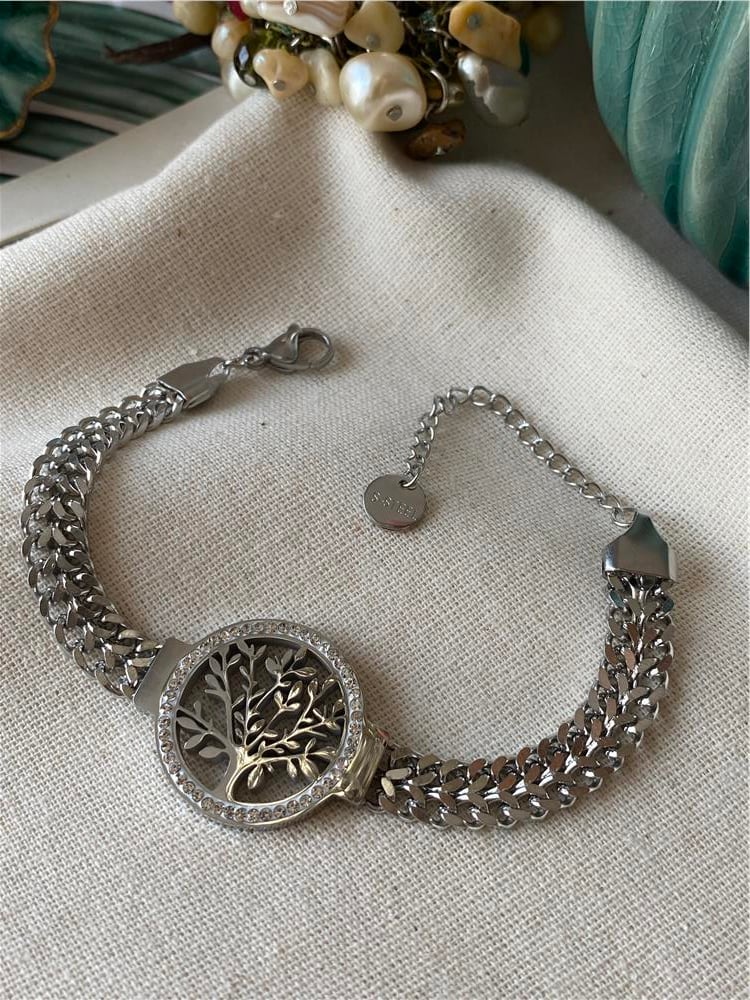 Çelik Taşlı Yaşam Ağacı Örme Bileklik