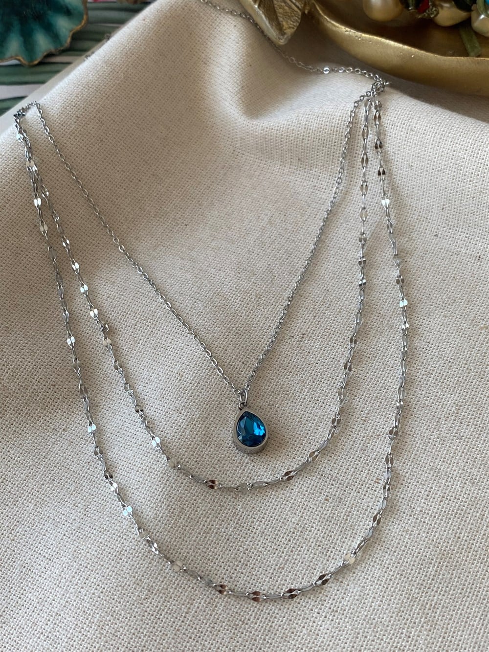 Çelik Üçlü Mavi Damla Kolye 