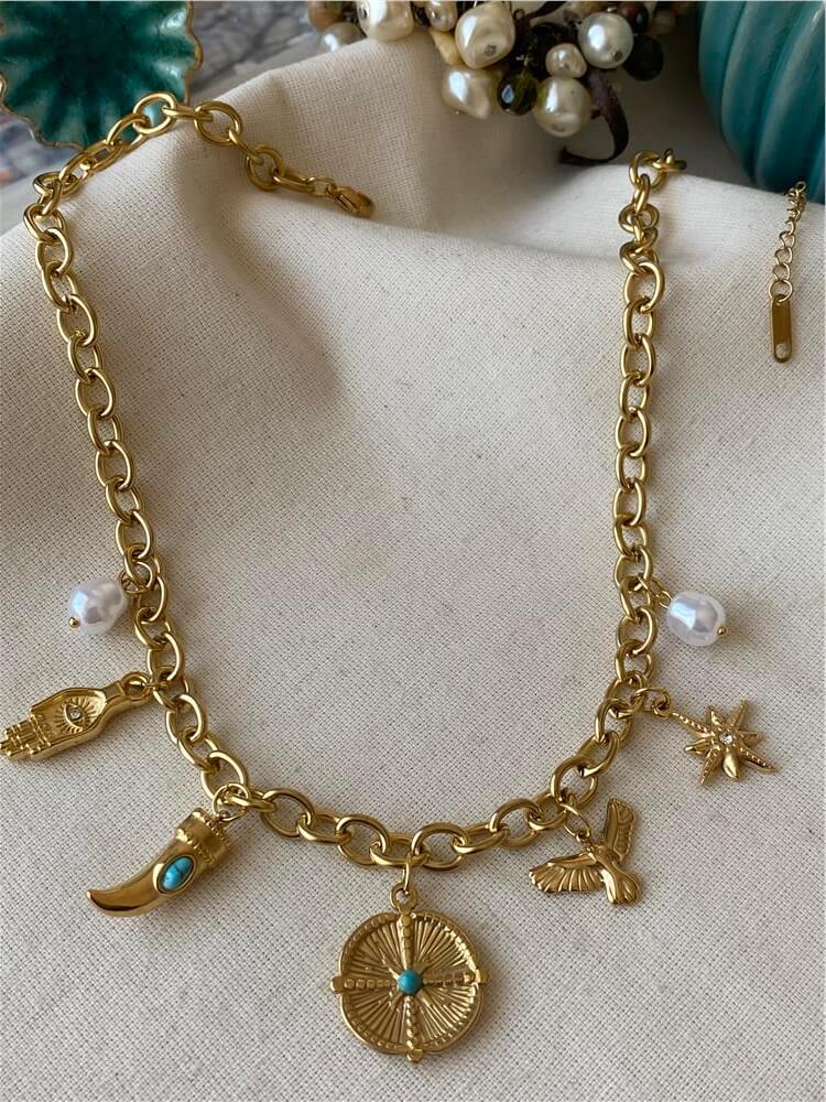 Çelik Vintage Compass Charms Kolye