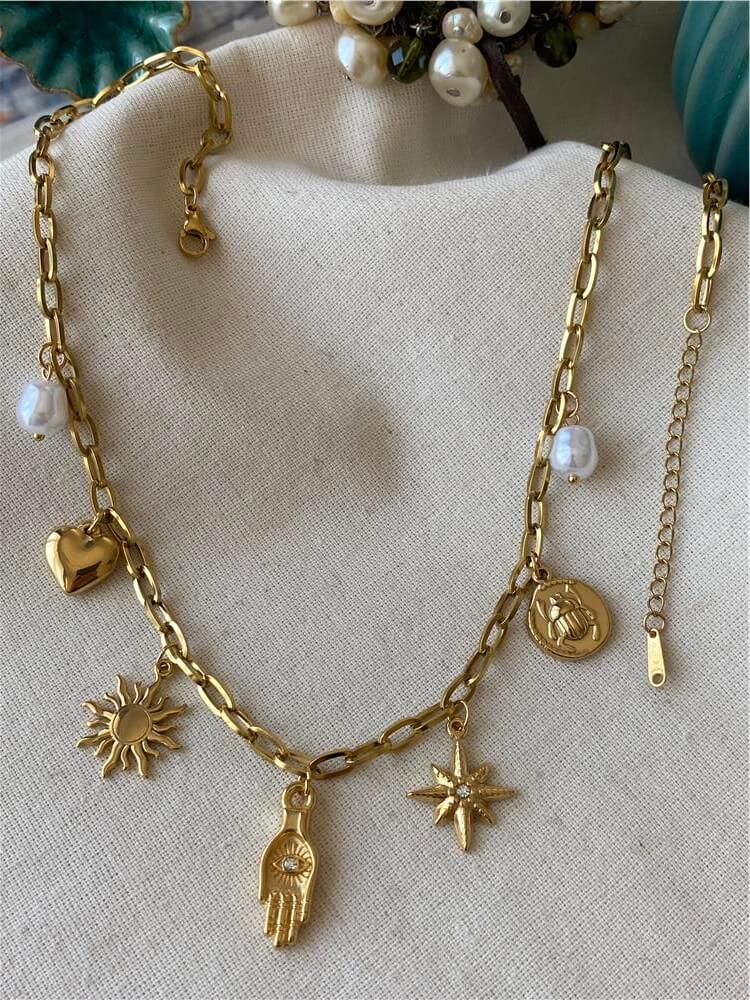 Çelik Vintage Hamse Eli Charm Kolye