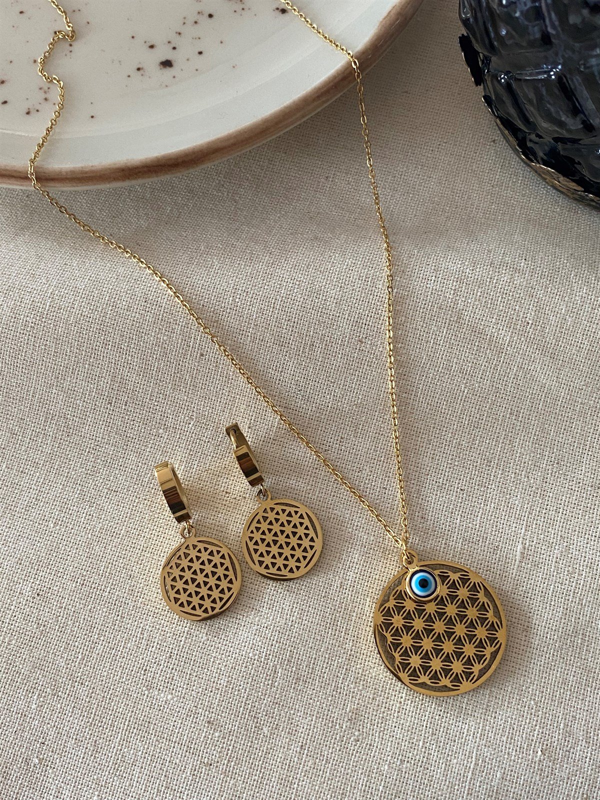 Çelik Yaşam Çiçeği Kolye Küpe Seti