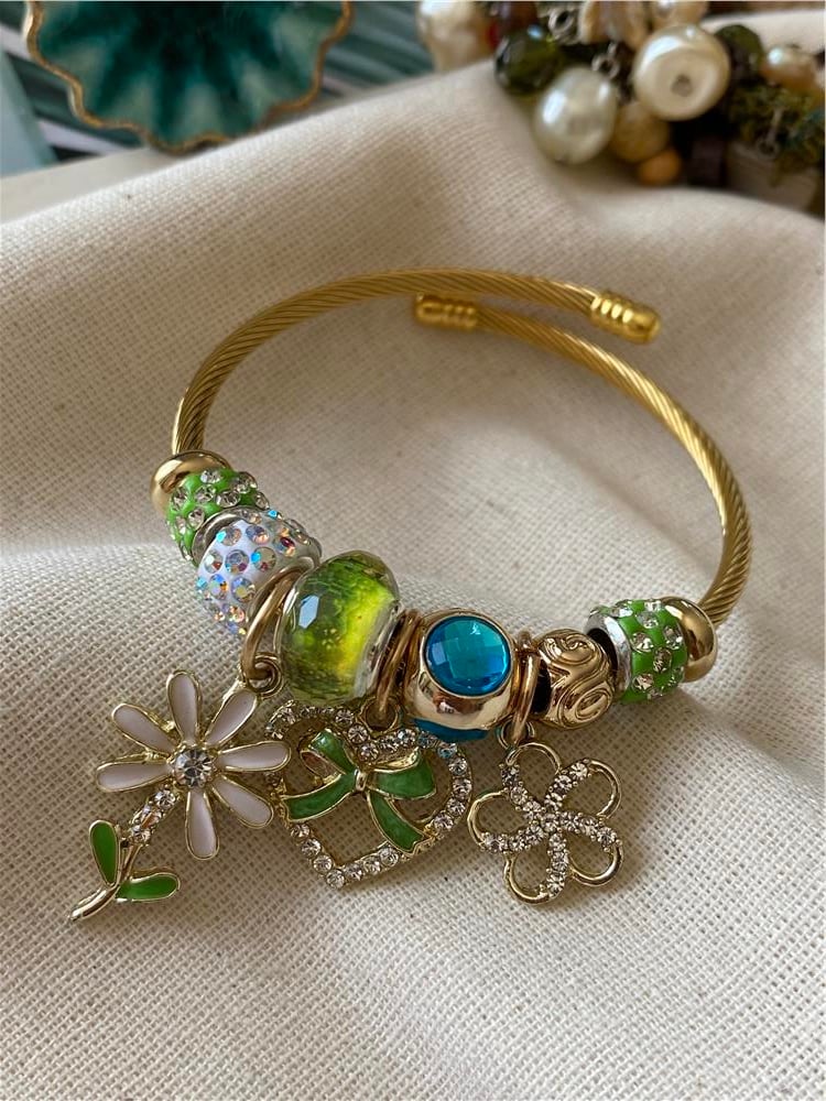 Çelik Yeşil Fiyonk Çiçek Charm Bileklik