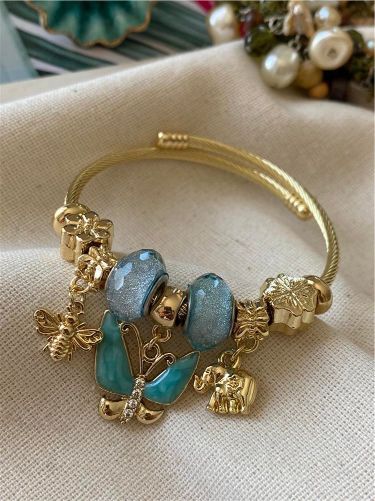 Çelik Yeşil Taşlı Büyük Kelebek Charm Bileklik