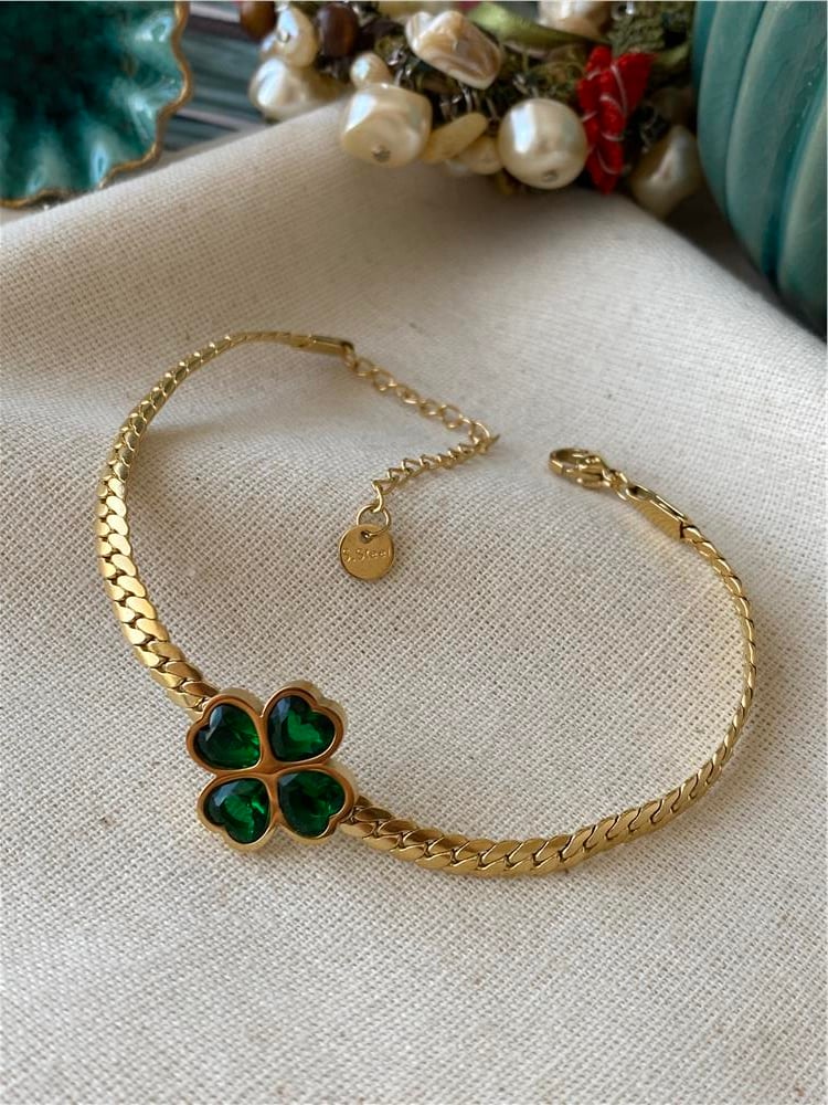 Çelik Yeşil Taşlı Yonca Sık Örme Bileklik