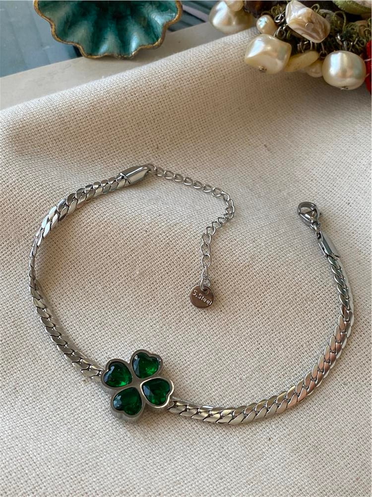 Çelik Yeşil Taşlı Yonca Sık Örme Bileklik
