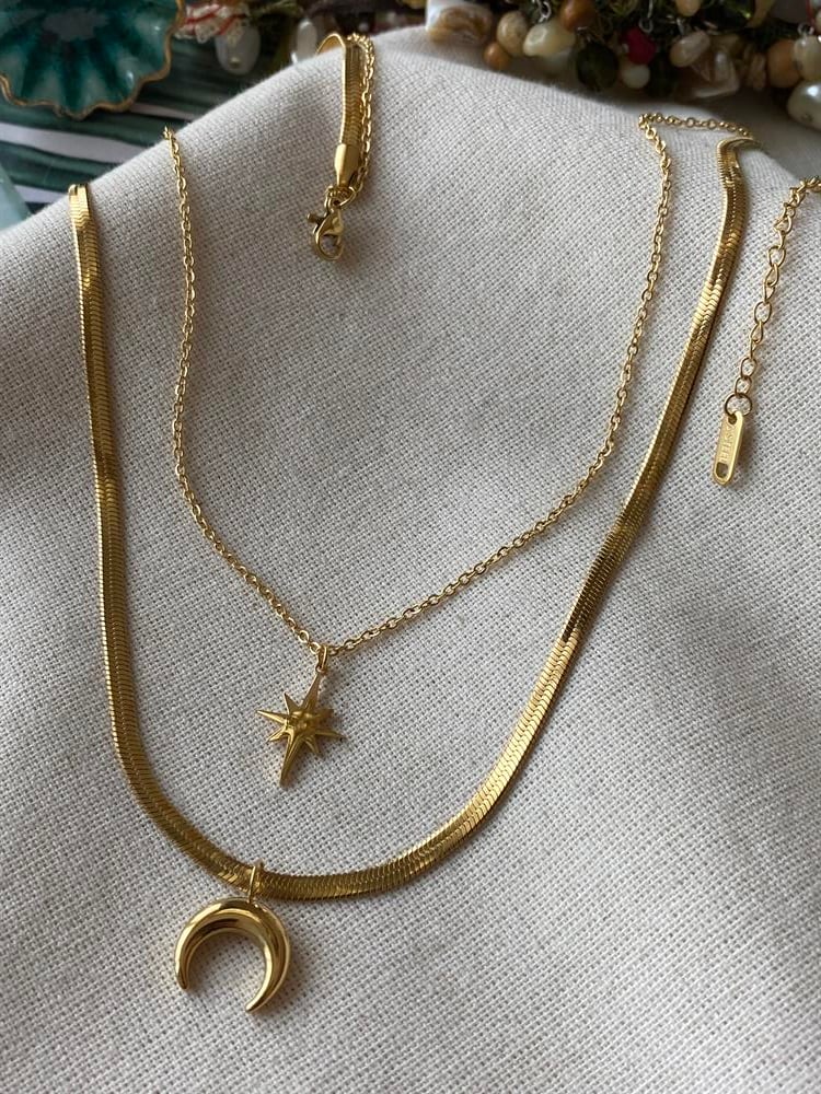 Steel Elegant Moon Star Necklace