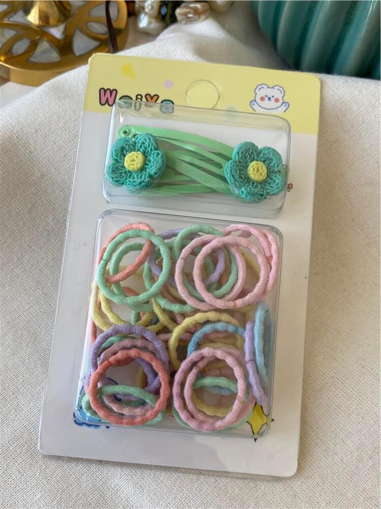 Çıtçıtlı Yeşil Çiçek Detaylı Renkli Mini Lastik Toka Seti