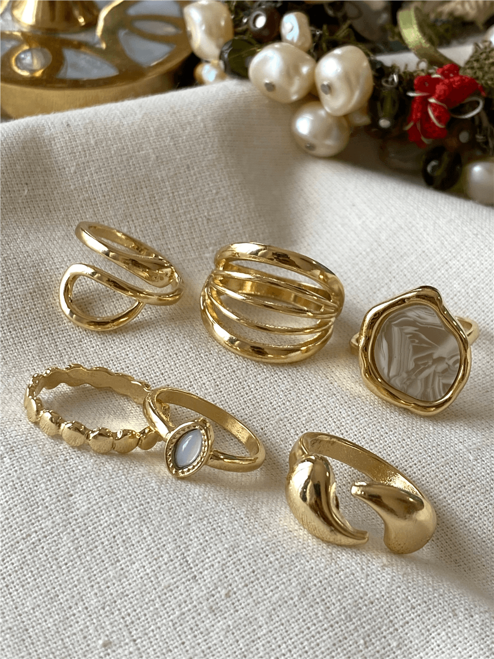 Çoklu Gold Karışık Desenli Yüzük Seti