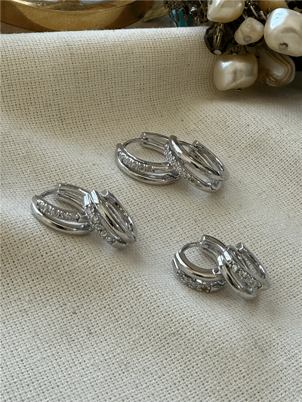 Çoklu Silver Taşlı İkili Görünümlü Mini Halka Küpe Seti