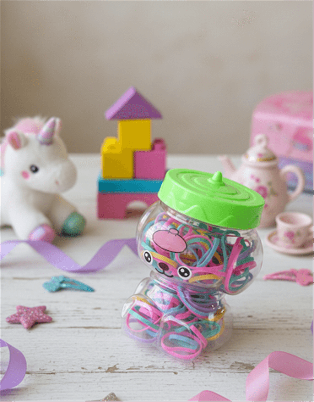 Figürlü Kutulu Pastel Renkli Lastik Toka Seti