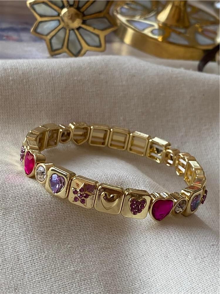 Fuşya Taşlı Yıldız ve Kalp Desenli Esnek Bileklik