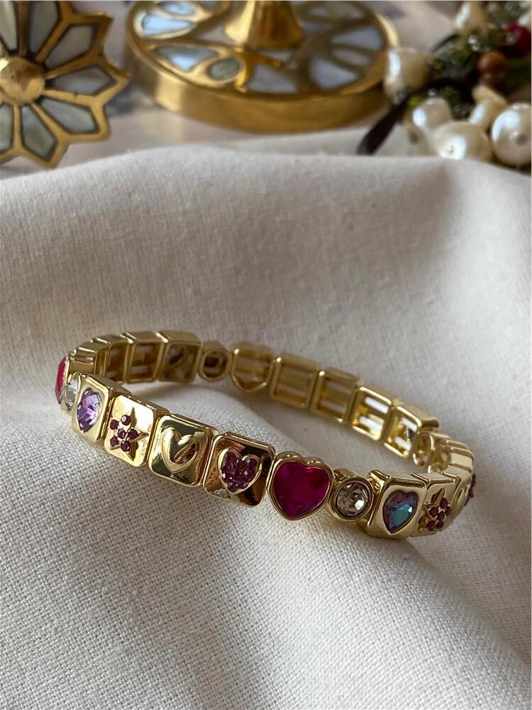 Fuşya Taşlı Yıldız ve Kalp Desenli Esnek Bileklik